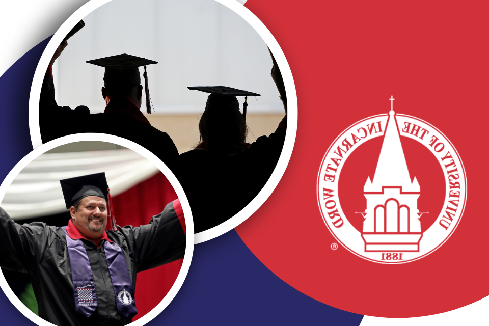Colorful graphic with two images of UIW graduates celebrating, one with a veteran tribute stole